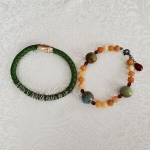 PAIR of Bracelets Hand Made Green Orange Beige Tan Beaded Wire Boho Unique Artsy